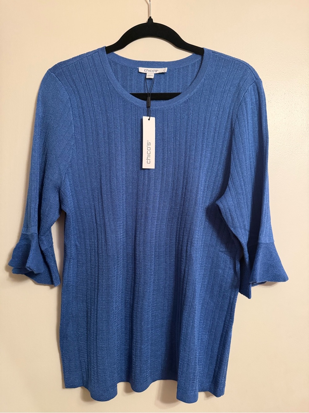 Chico's Royal Blue Ribbed Knit Sweater with Ruffle Sleeves
